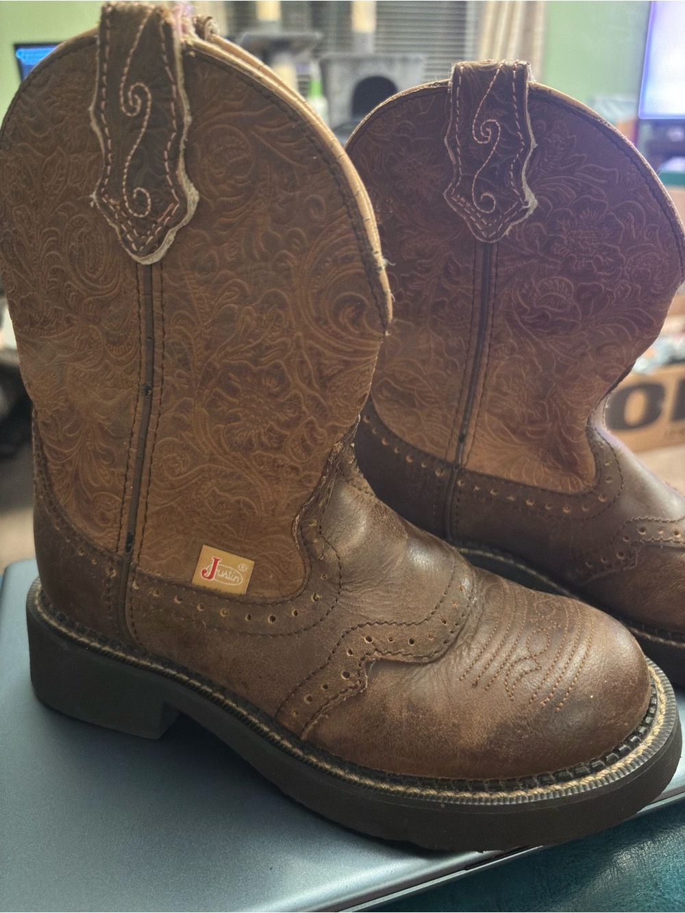 Justin Boots Brown Embossed Kids Western Boots